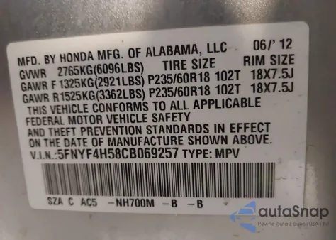 2012 Honda Pilot Ex-L z USA, uszkodzony, nr VIN 5FNYF4H58CB069257